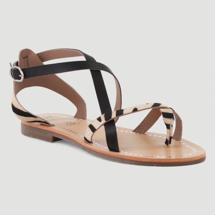Sandales entredoigt cuir imprimées femme noir