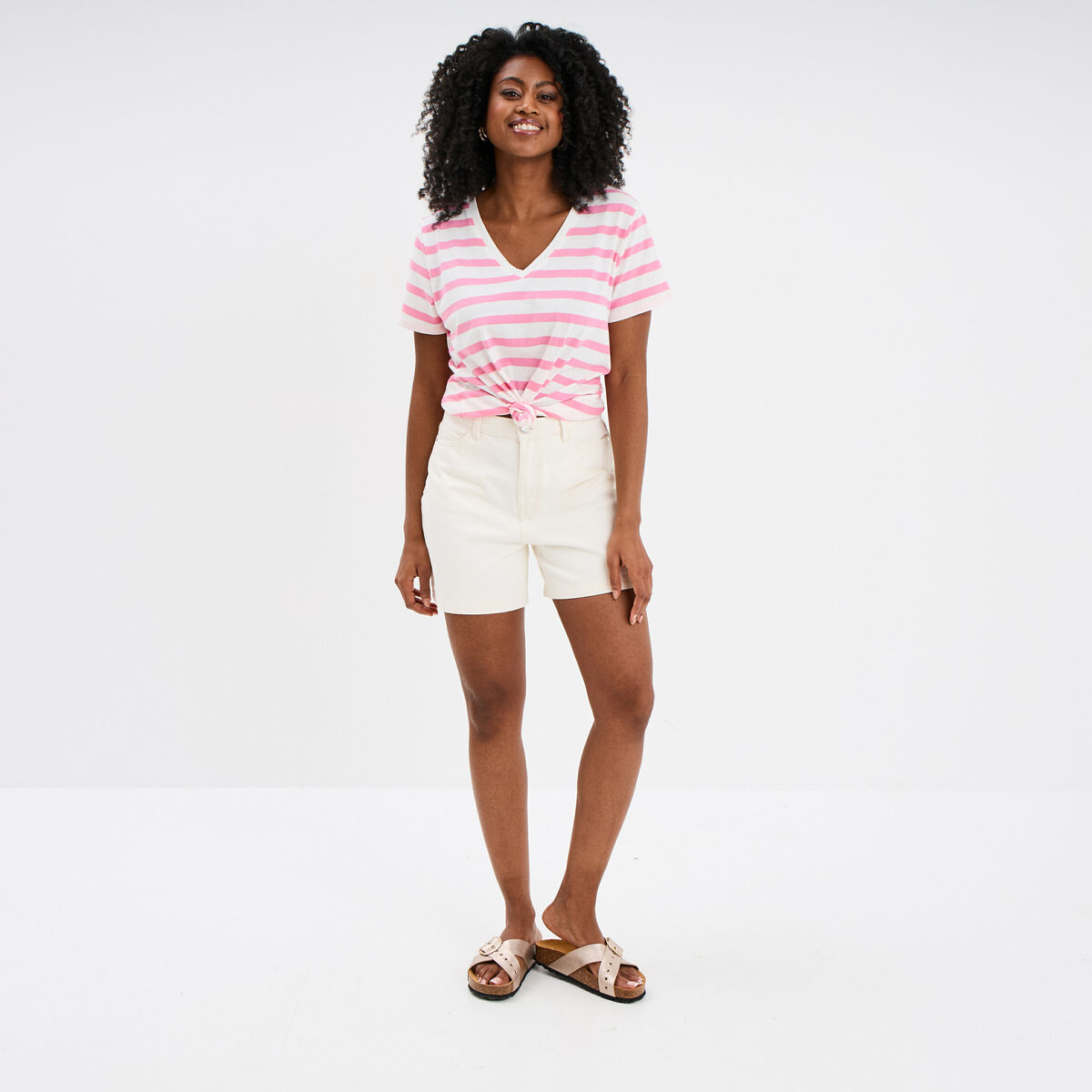 T-shirt col en V manches courtes coton creme femme