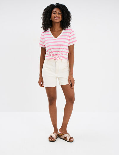T-shirt col en V manches courtes coton creme femme
