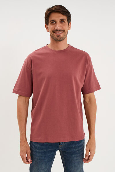 T-shirt col rond coupe relax coton &eacute;pais vieux rose homme