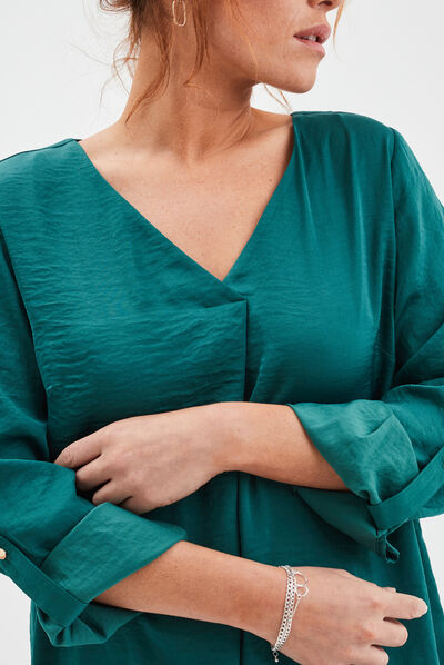 Blouse à revers manches 3/4 vert émeraude femme