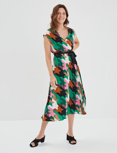 Robe longue évasée plissée et ceinturée ecru femme