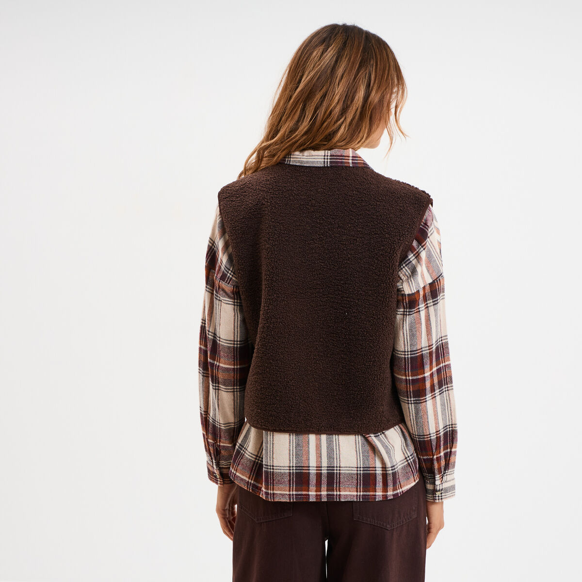 Gilet r&eacute;versible polaire sans manches marron fonc&eacute; femme