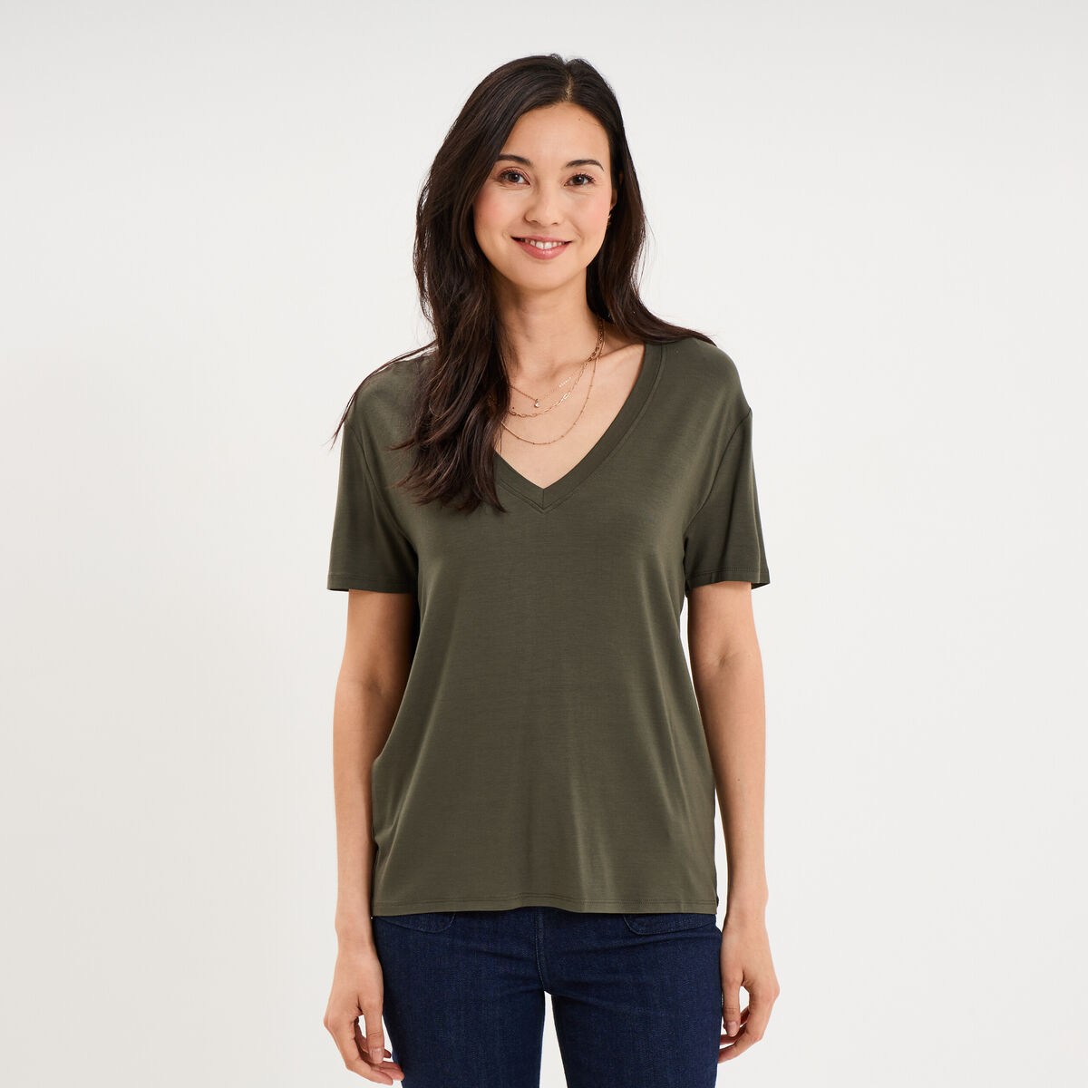 T-shirt fluide col en V manches courtes vert kaki femme