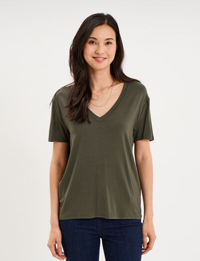 T-shirt fluide col en V manches courtes vert kaki femme