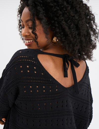 Pull ajouré noeud au dos noir femme