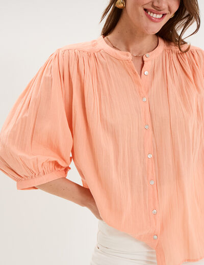 Blouse fluide oversize manches 3/4 coton rose saumon femme
