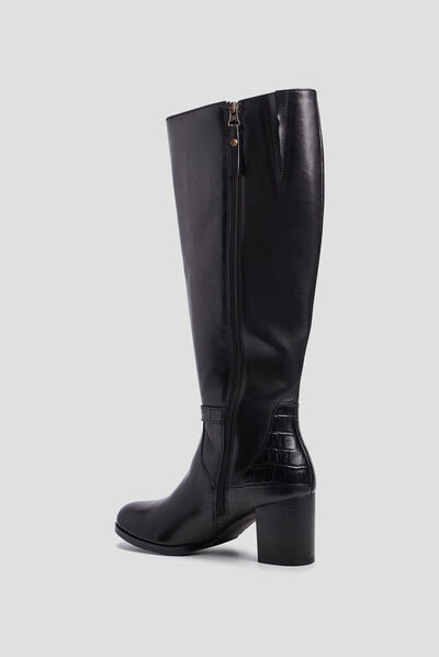 Bottes en cuir à talons et boucles noir femme