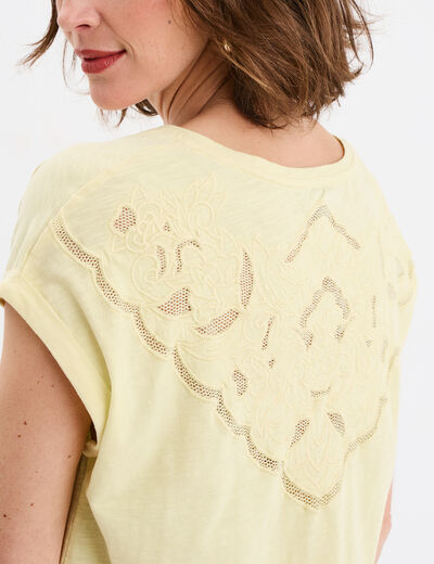 T-shirt dos dentelle brodée coton jaune clair femme