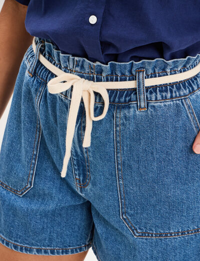Short mom en jean ceinture cordon denim stone femme