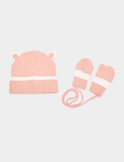 Ensemble bonnet et moufles avec cordon rose bébé fille