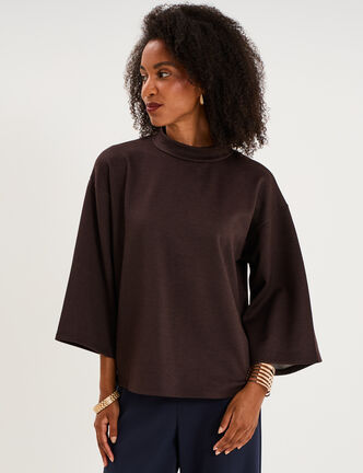 Top oversize col montant manches 3/4 marron fonc&eacute; femme