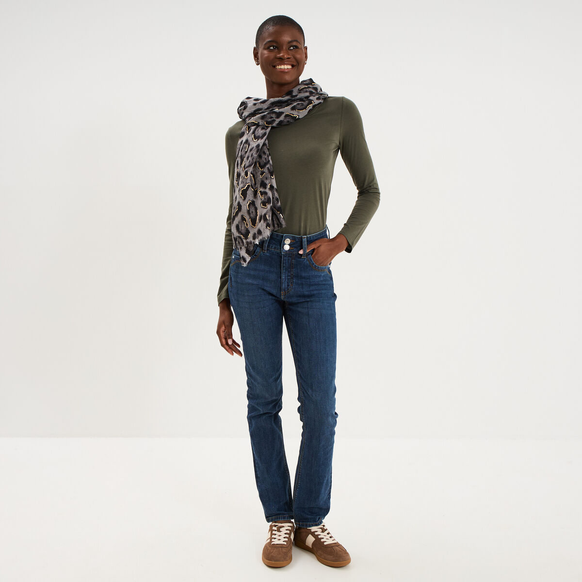 T-shirt coton col rond manches longues vert kaki femme