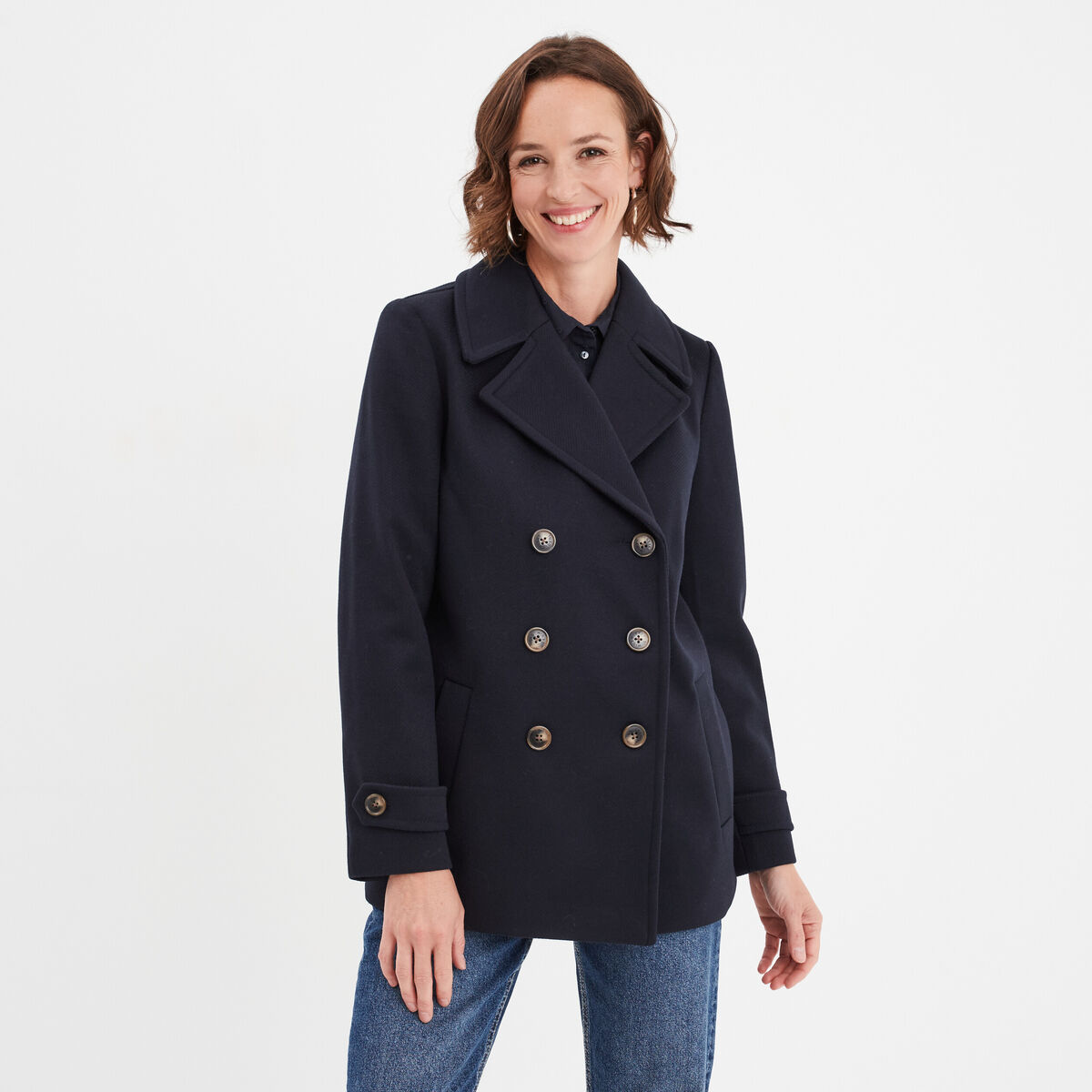 Manteau caban double boutonnage bleu marine femme