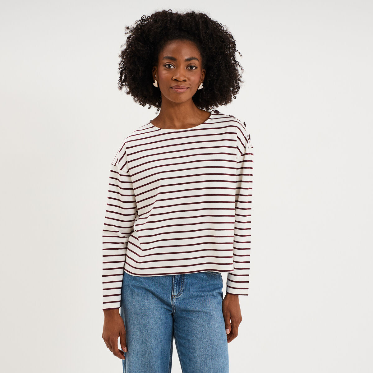 T-shirt marini&egrave;re col rond avec boutons ecru femme