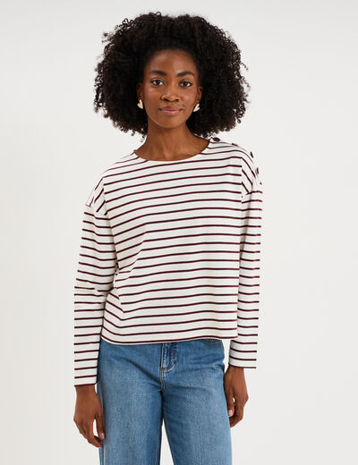 T-shirt marini&egrave;re col rond avec boutons ecru femme