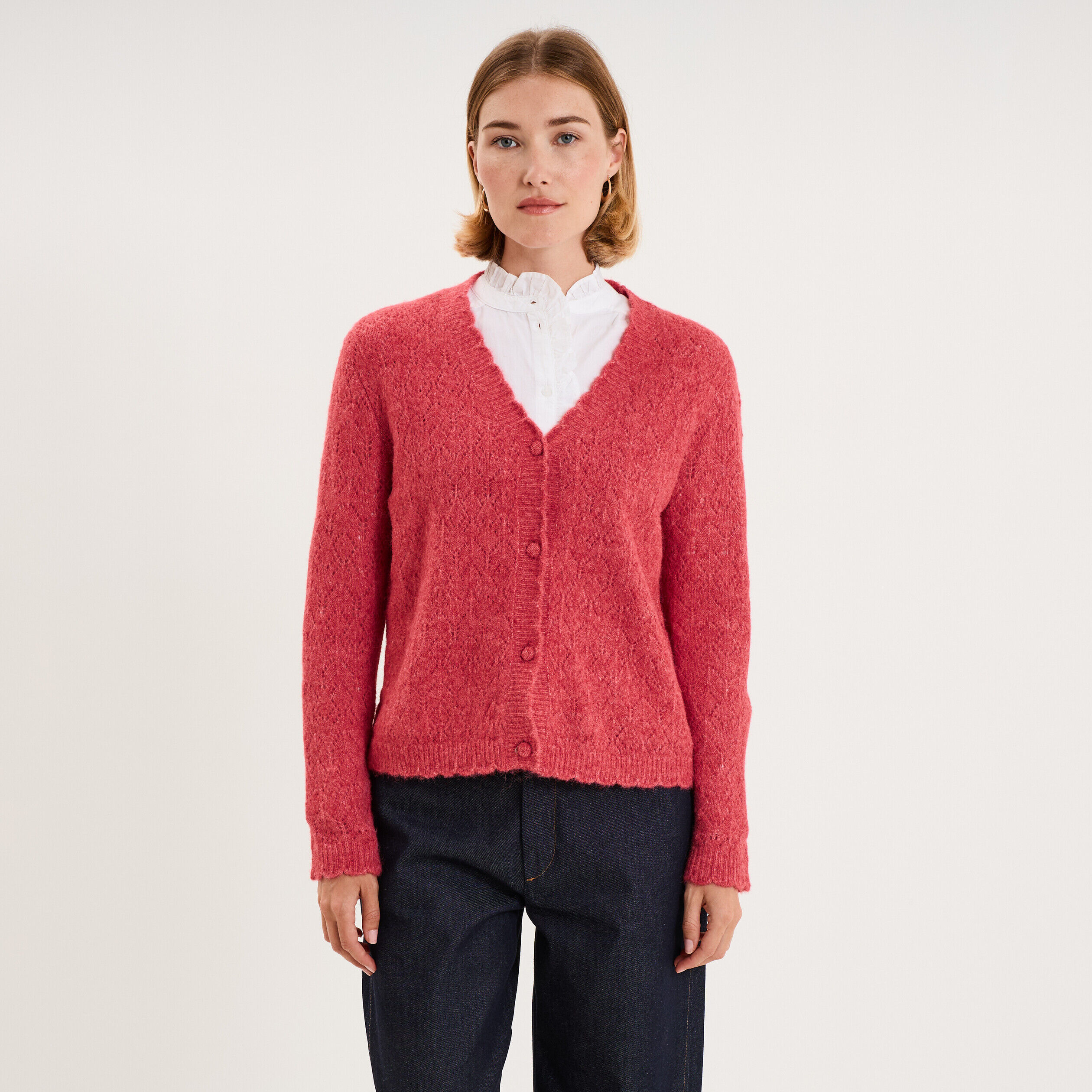 Gilet cardigan ajouré manches longues rose cerise femme