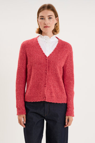 Gilet cardigan ajour&eacute; manches longues rose cerise femme