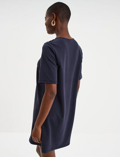 Robe droite cr&ecirc;pe manches courtes bleu fonc&eacute; femme