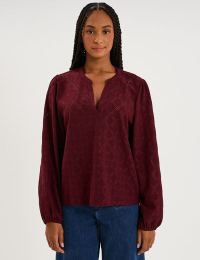 Blouse broderie anglaise col tunisien violet fonc&eacute; femme