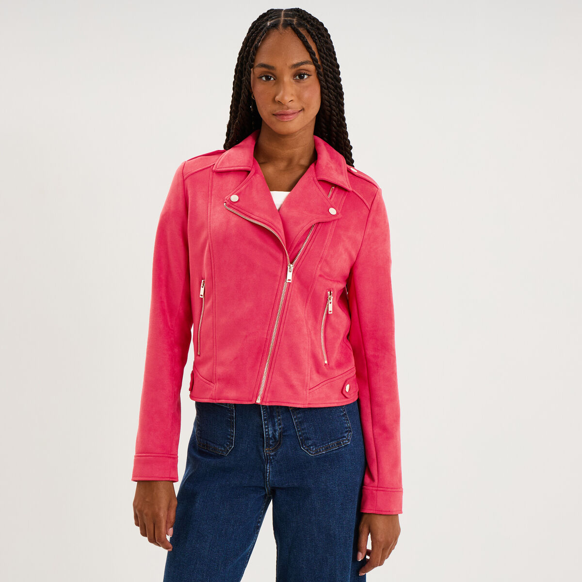 Veste biker en su&eacute;dine ajust&eacute;e rose cerise femme