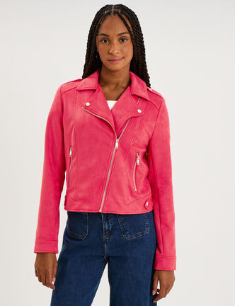 Veste biker en su&eacute;dine ajust&eacute;e rose cerise femme