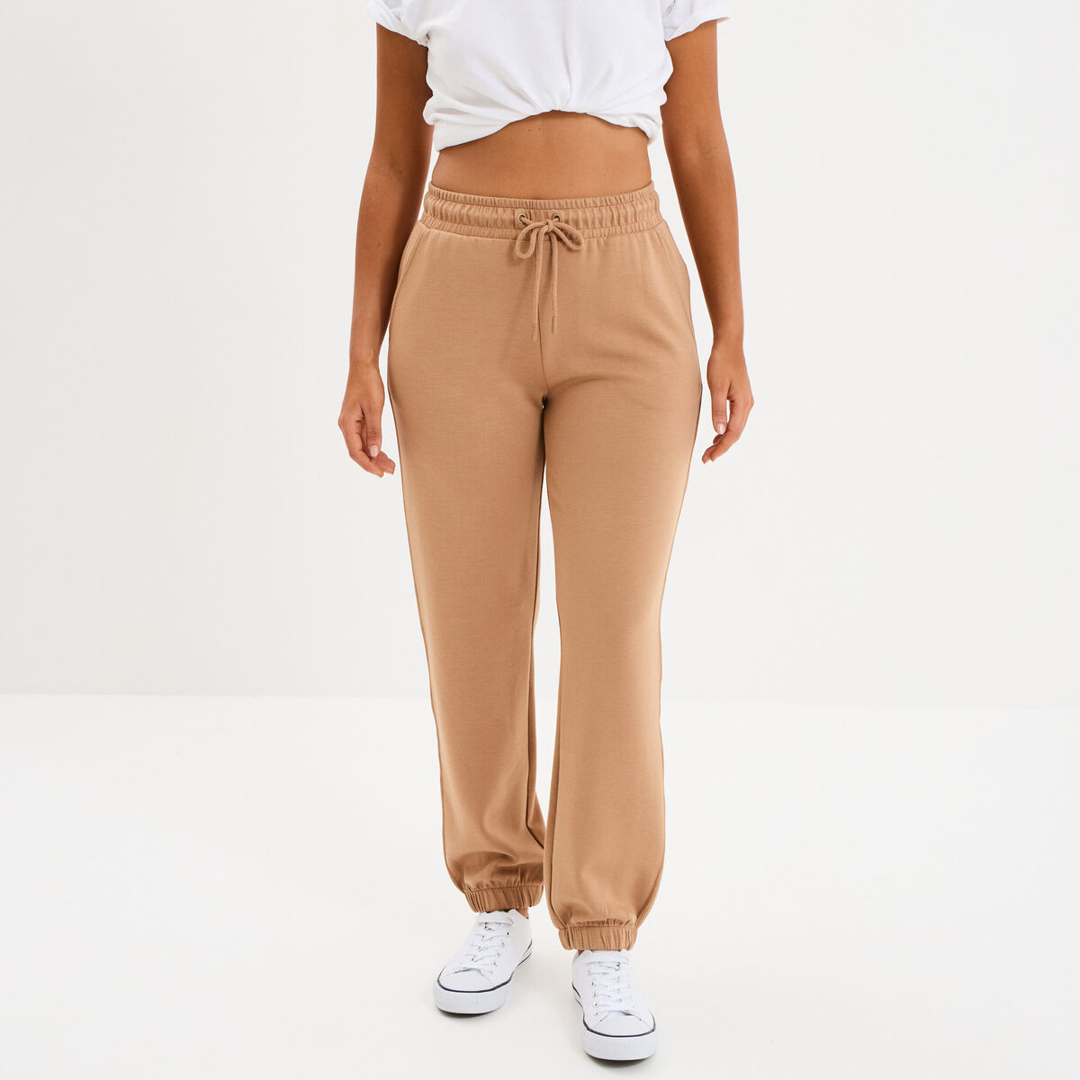 Pantalon de jogging large élastiqué taupe femme