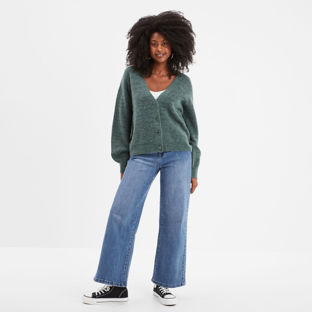 Gilet boutonné col en V vert femme