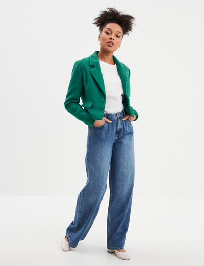 Veste courte tweed col tailleur vert femme