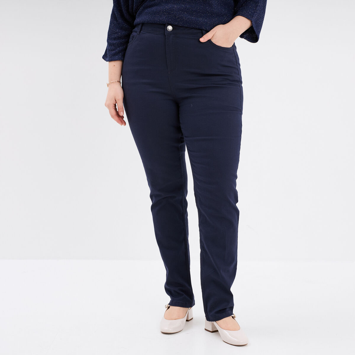 Pantalon droit taille haute extensible bleu marine femme grande taille