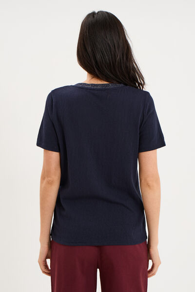 T-shirt col en V manches courtes bleu fonc&eacute; femme