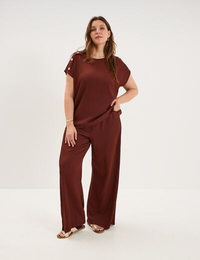 Pantalon effet gaufr&eacute; fluide bordeaux femme grande taille