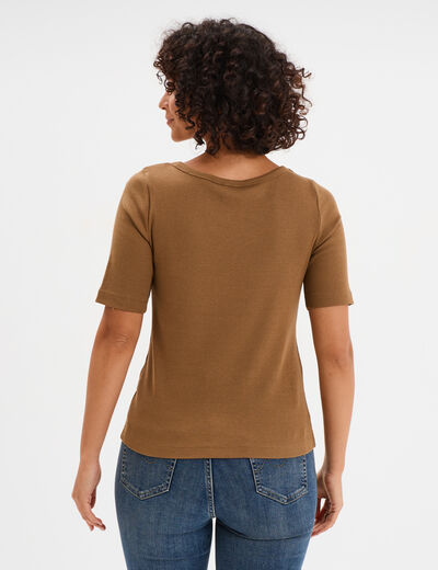 T-shirt col rond manches courtes coton beige femme