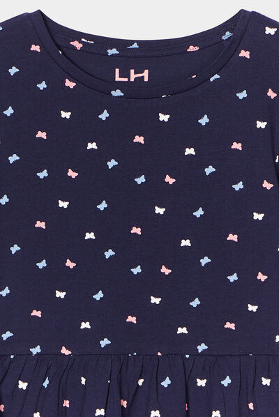 Robe trapèze manches longues coton bleu marine fille