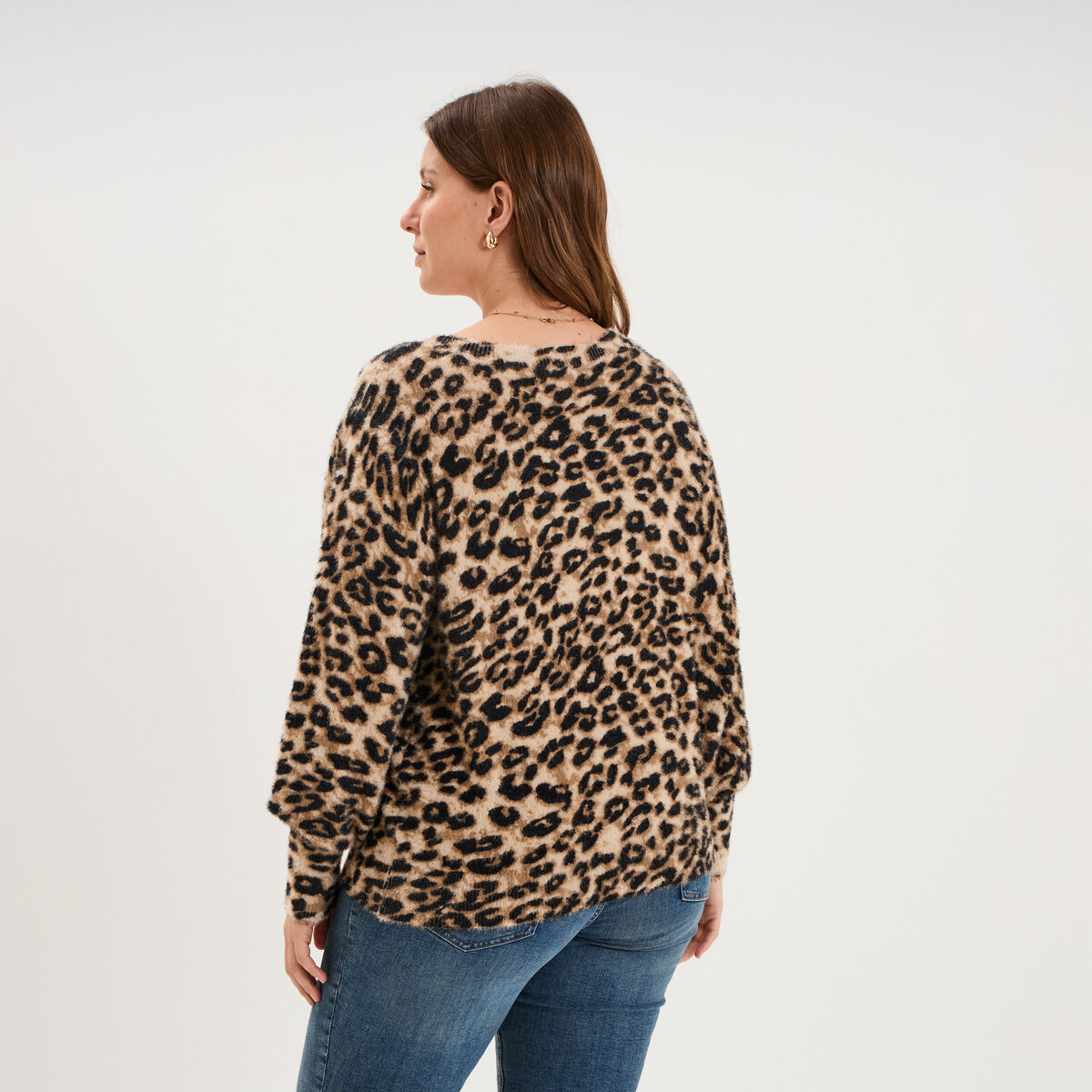 Pull manches longues col rond beige femme grande taille
