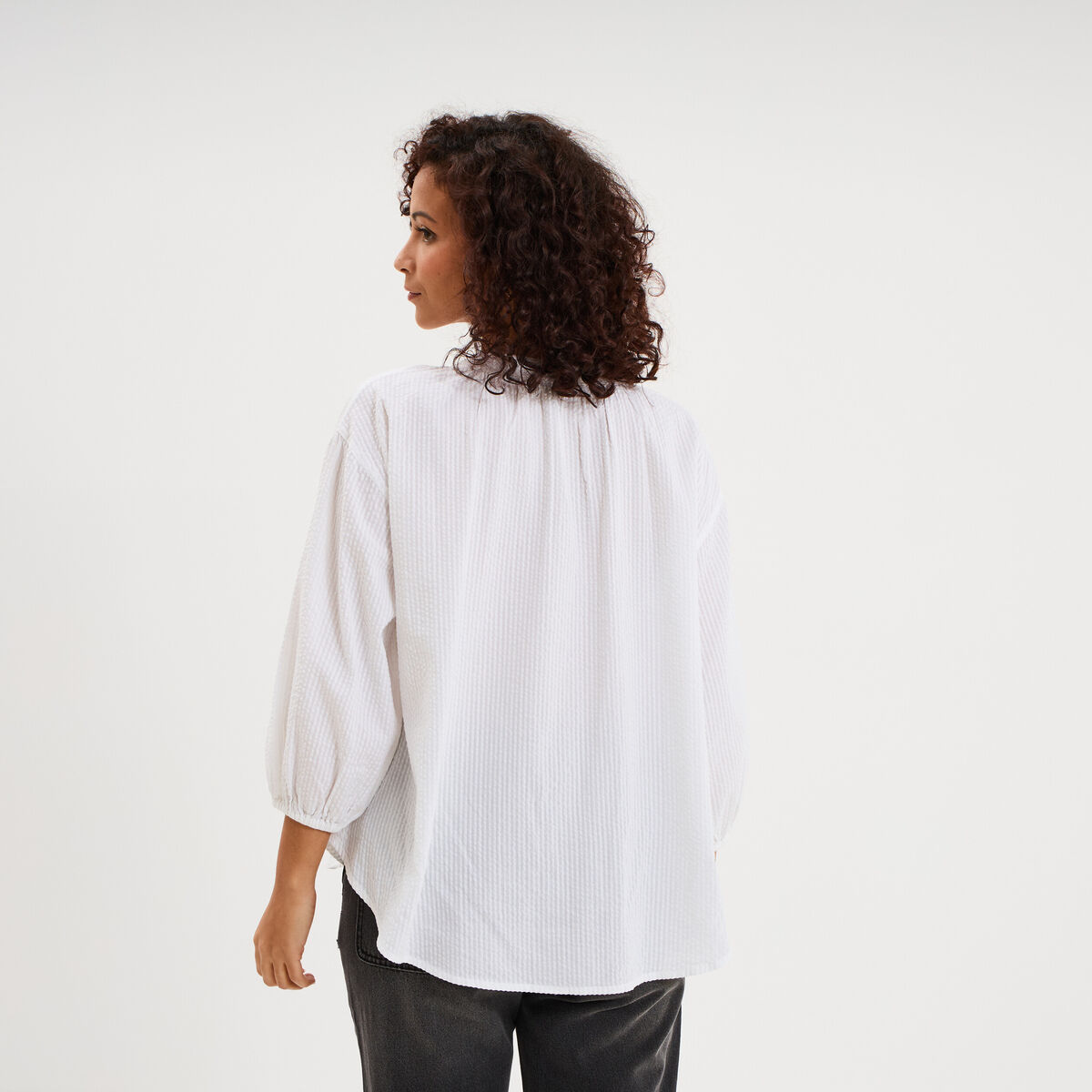 Blouse col tunisien manches 3/4 coton blanc femme