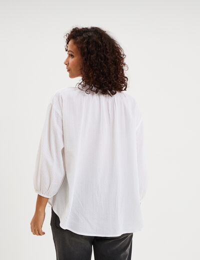 Blouse col tunisien manches 3/4 coton blanc femme