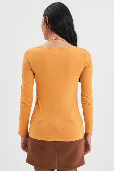 T-shirt coton manches longues jaune moutarde femme