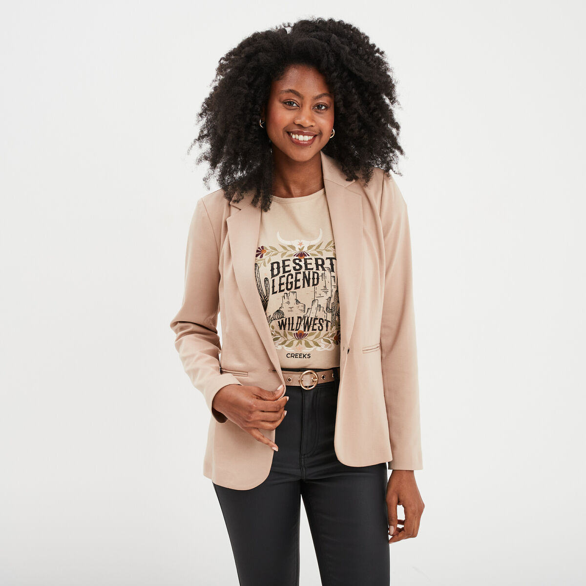 Veste blazer droite boutonnée 2 poches sable femme