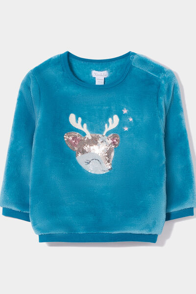 Sweat velours boutonné à sequins vert turquoise bébé fille