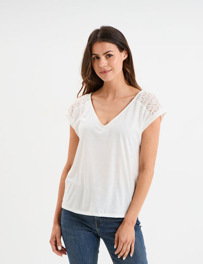 T-shirt col en V dentelle épaules et dos blanc femme