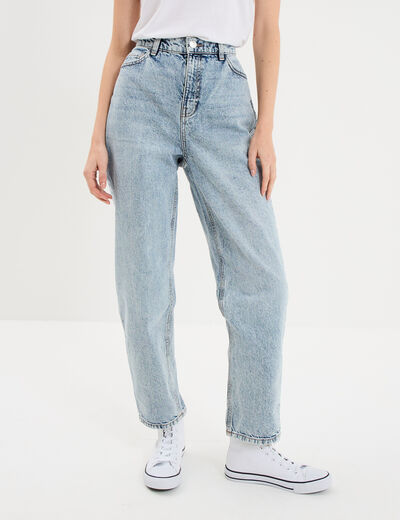 Jeans mom cropped taille haute denim bleach femme