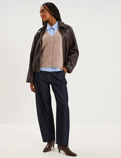 Veste boule oversize similicuir zipp&eacute;e marron fonc&eacute; femme