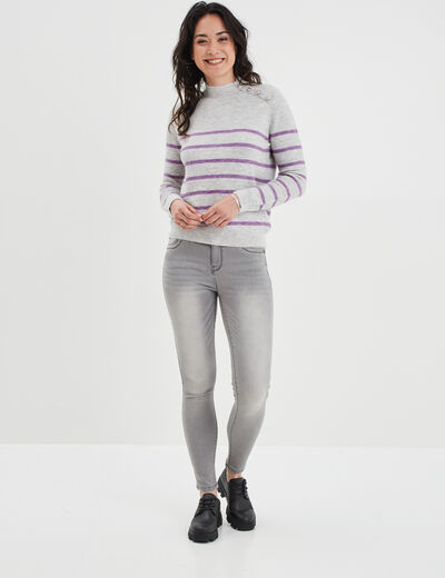 Pull marinière boutons à l'épaule gris clair femme