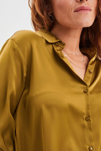 Chemise satin manches longues vert olive femme