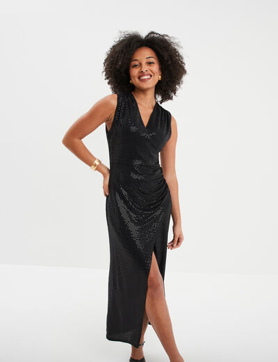 Robe midi moulante drapée paillettes noir femme