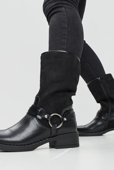 Bottes bi-matière avec boucles noir femme