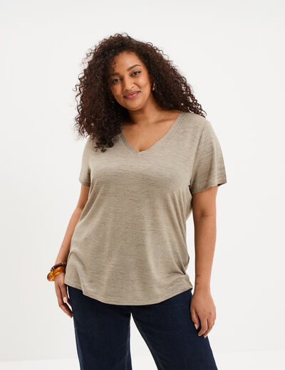 T-shirt col en V manches courtes vert kaki femme grande taille
