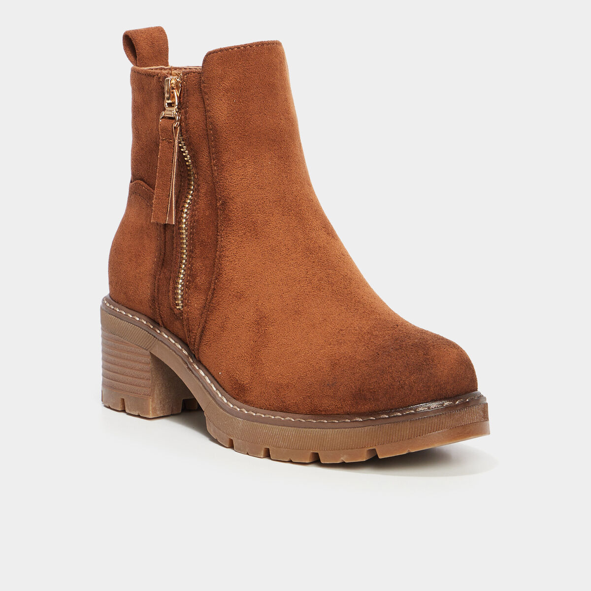 Bottines &agrave; talons effet daim zipp&eacute;es marron femme