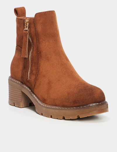 Bottines &agrave; talons effet daim zipp&eacute;es marron femme